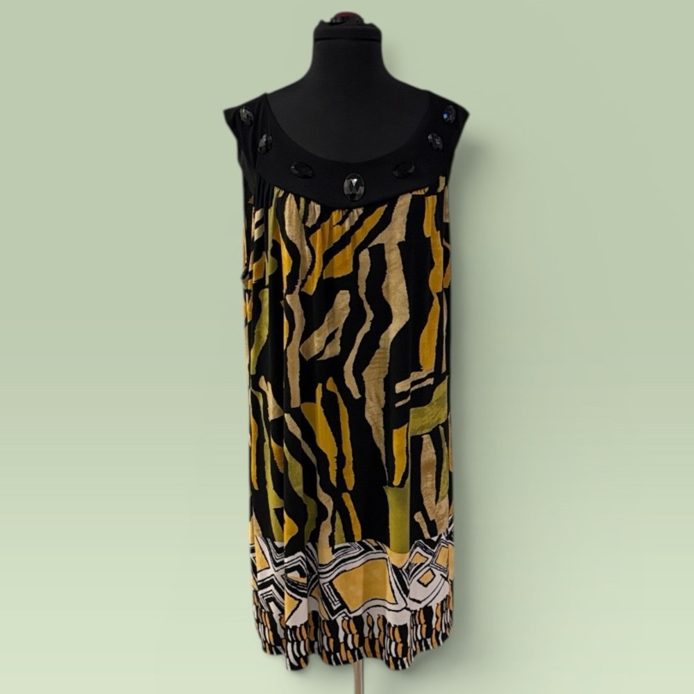 Enfocus Studio Black, Mustard & Beige Patterned Sleeveless Shift Dress